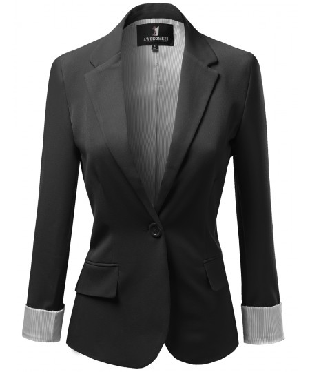 Women's Solid Long Sleeves One Button Closure Side Pocket Inner Stripe Blazer