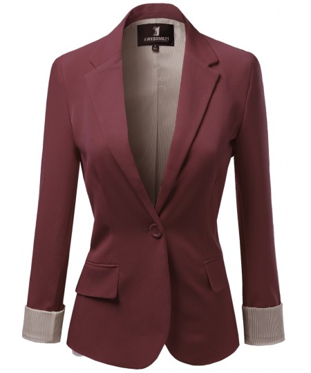 Women's Solid Long Sleeves One Button Closure Side Pocket Inner Stripe Blazer