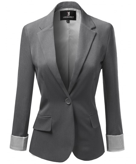 Women's Solid Long Sleeves One Button Closure Side Pocket Inner Stripe Blazer