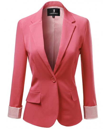 Women's Solid Long Sleeves One Button Closure Side Pocket Inner Stripe Blazer