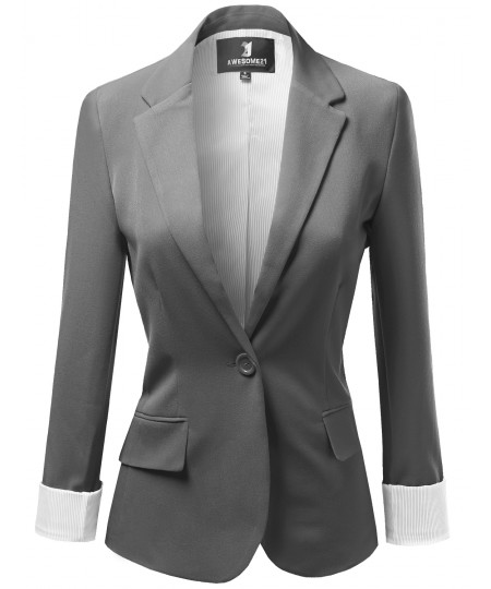 Women's Solid Long Sleeves One Button Closure Side Pocket Inner Stripe Blazer