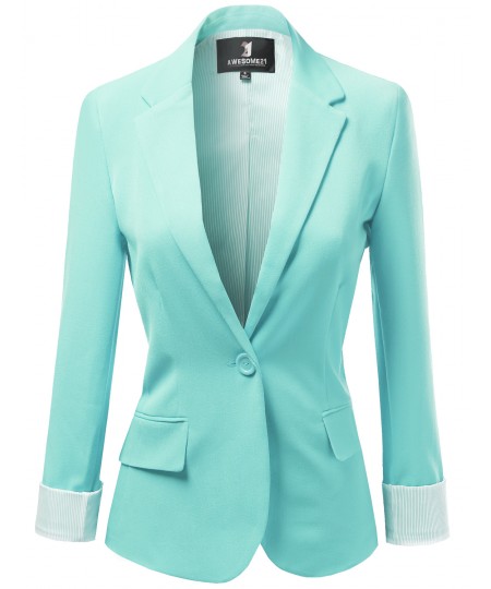 Women's Solid Long Sleeves One Button Closure Side Pocket Inner Stripe Blazer