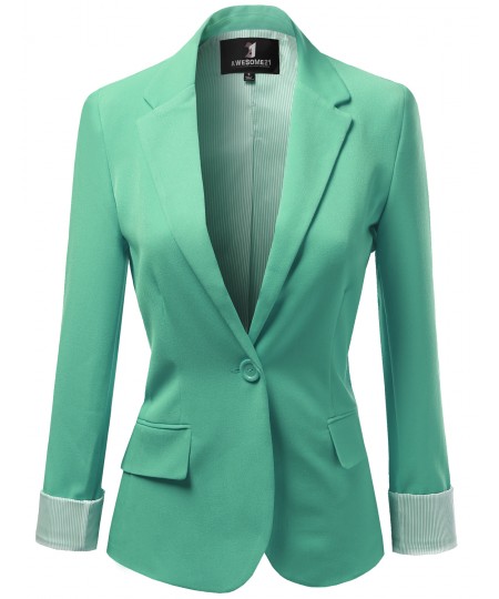 Women's Solid Long Sleeves One Button Closure Side Pocket Inner Stripe Blazer