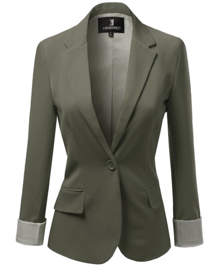 Women's Solid Long Sleeves One Button Closure Side Pocket Inner Stripe Blazer