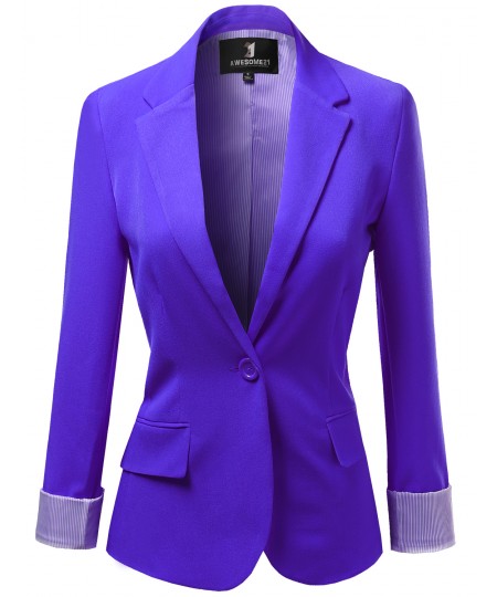 Women's Solid Long Sleeves One Button Closure Side Pocket Inner Stripe Blazer