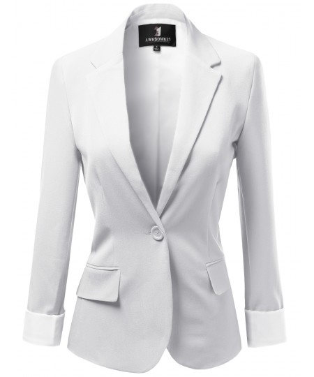 Women's Solid Long Sleeves One Button Closure Side Pocket Inner Stripe Blazer