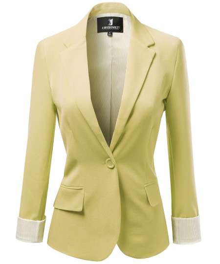 Women's Solid Long Sleeves One Button Closure Side Pocket Inner Stripe Blazer