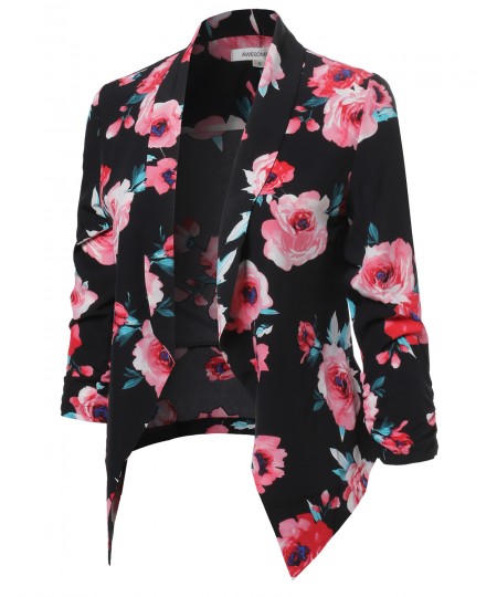 Women's Floral Lightweight Open Front Shirring Sleeve Blazer