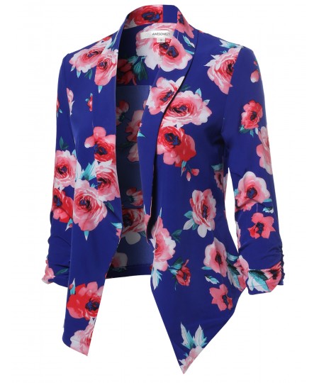 Women's Floral Lightweight Open Front Shirring Sleeve Blazer