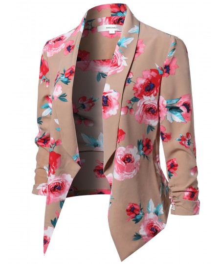 Women's Floral Lightweight Open Front Shirring Sleeve Blazer