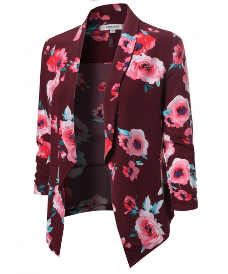 Women's Floral Lightweight Open Front Shirring Sleeve Blazer