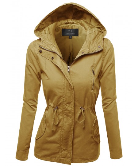 Women's Hooded Drawstring Military Jacket Parka Coat Outerwear