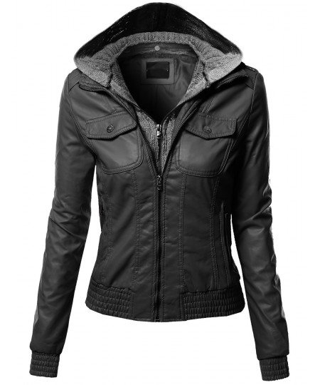 Women's Zip-Up Biker Bomber Hoodie Faux Leather Jackets