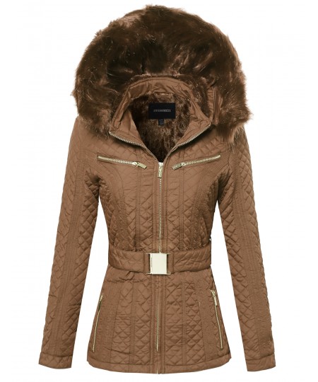 Women's Quilted Fur Lined Lux Gold Zippered Parka