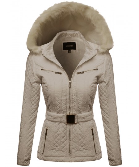 Women's Quilted Fur Lined Lux Gold Zippered Parka