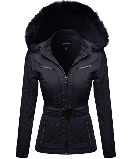 Women's Quilted Fur Lined Lux Gold Zippered Parka