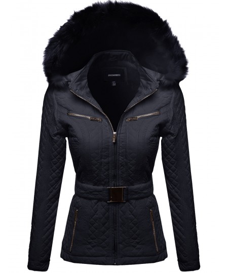 Women's Quilted Fur Lined Lux Gold Zippered Parka