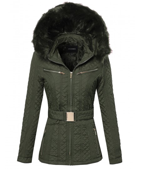 Women's Quilted Fur Lined Lux Gold Zippered Parka