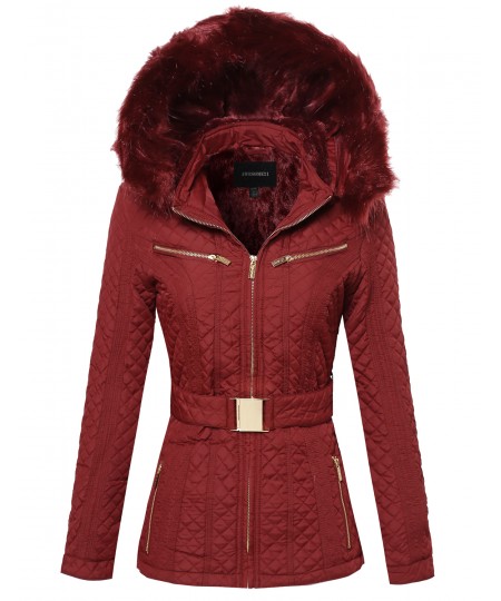 Women's Quilted Fur Lined Lux Gold Zippered Parka