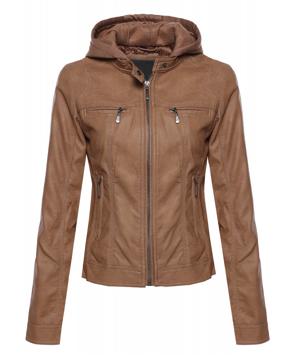 Awesome21 Women S Zip Up Leather Jacket With Attached Hood Women S Zip Up Leather Jacket With Attached Hood