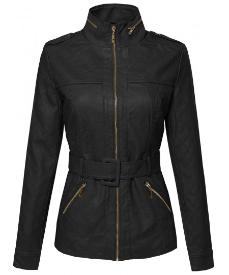 Women's Faux Leather Zippered Jacket With Quilting And Detachable Belt