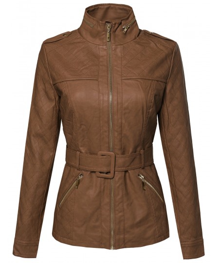 Women's Faux Leather Zippered Jacket With Quilting And Detachable Belt