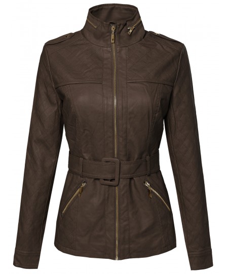 Women's Faux Leather Zippered Jacket With Quilting And Detachable Belt