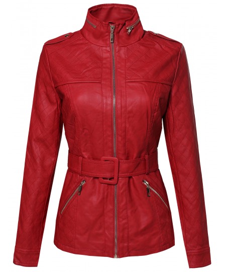 Women's Faux Leather Zippered Jacket With Quilting And Detachable Belt