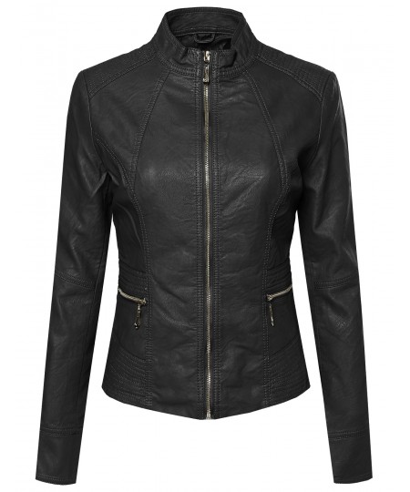 Women's Basic Moto Rider Faux Leather Zippered Jacket