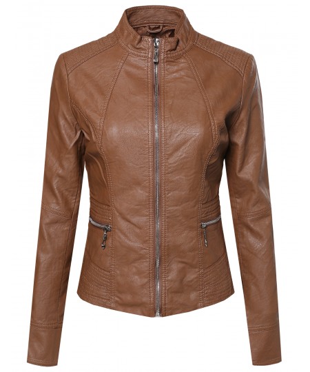 Women's Basic Moto Rider Faux Leather Zippered Jacket