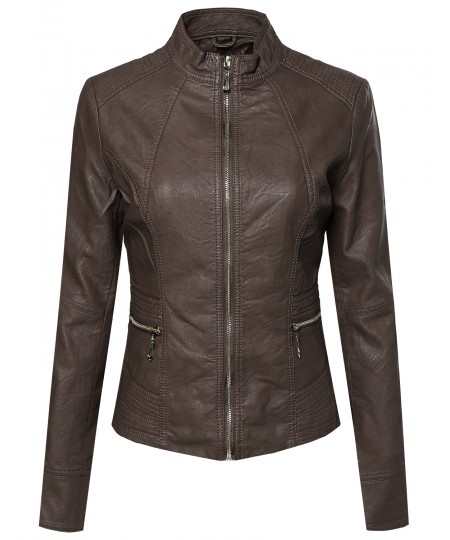 Women's Basic Moto Rider Faux Leather Zippered Jacket