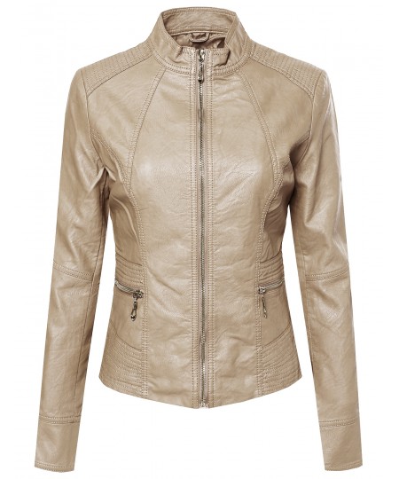 Women's Basic Moto Rider Faux Leather Zippered Jacket