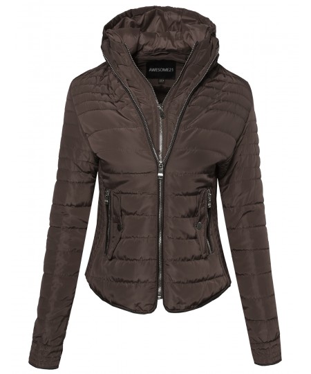 Women's Ribbed Puffer Jacket with Double Zipper and Fleece Lining