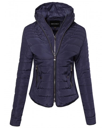 Women's Ribbed Puffer Jacket with Double Zipper and Fleece Lining