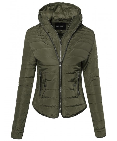 Women's Ribbed Puffer Jacket with Double Zipper and Fleece Lining