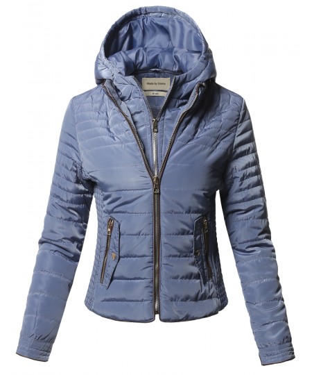 Women's Ribbed Puffer Jacket with Double Zipper and Fleece Lining