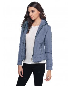 Women's Ribbed Puffer Jacket with Double Zipper and Fleece Lining