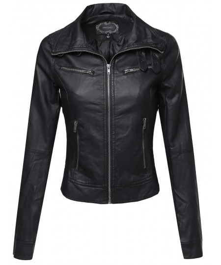 Women's Slim Fit Buckle Biker Faux Leather Jackets