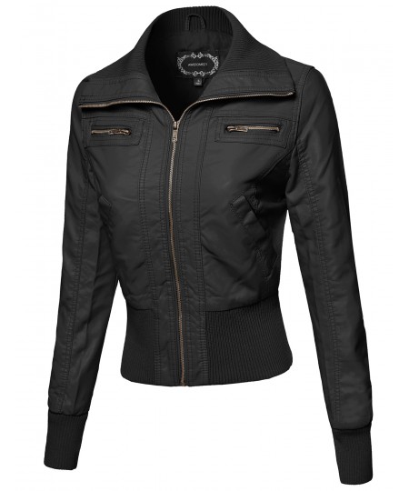 Women's Slim Fit High-Neck Collar Biker Faux Leather Jackets