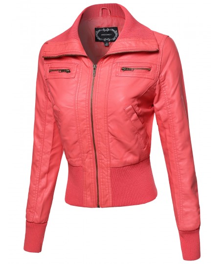 Women's Slim Fit High-Neck Collar Biker Faux Leather Jackets