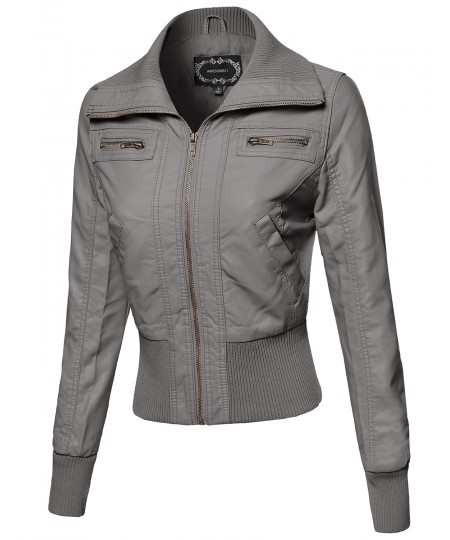 Women's Slim Fit High-Neck Collar Biker Faux Leather Jackets