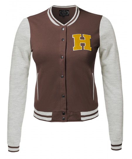 Women's Color Contrast Patch Detailed Baseball Varsity College Jacket
