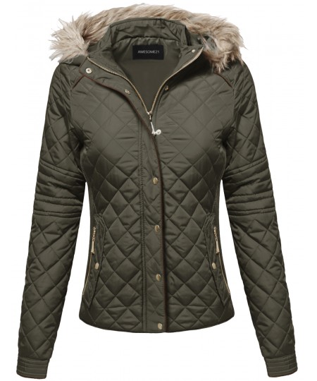 Women's Quilted Puffer Jacket With Fleece Lining