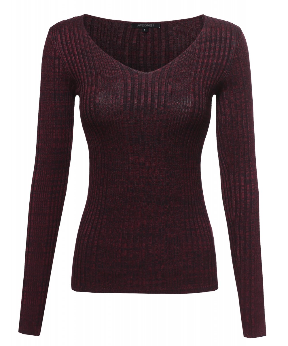 Women's Long Sleeve V-Neck Ribbed Marbled Sweater Top ...
