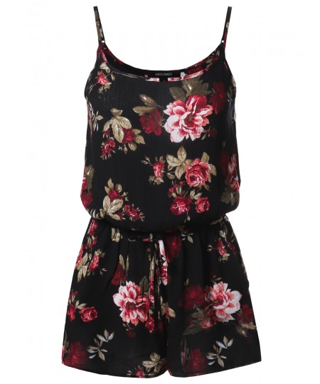 Women's Floral Print Elastic Waistband Romper