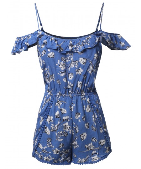 Women's Summer Ruffle Off-Shoulder Strap Floral Print Romper Jumpsuit