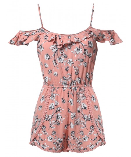 Women's Summer Ruffle Off-Shoulder Strap Floral Print Romper Jumpsuit