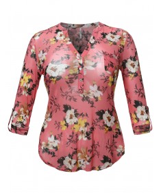 Women's Half Button Down Floral Print Blouse With 3/4 Sleeves