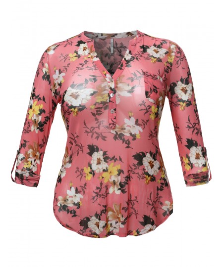 Women's Half Button Down Floral Print Blouse With 3/4 Sleeves