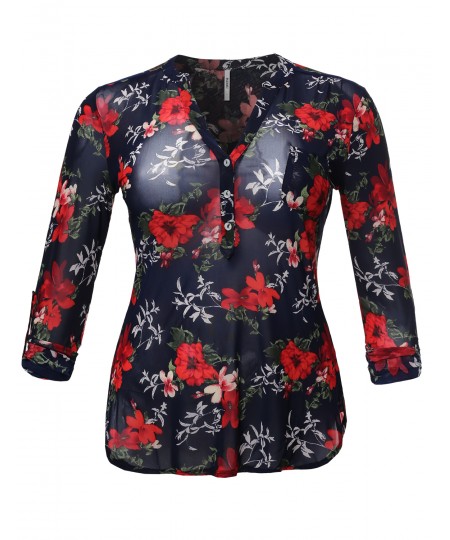 Women's Half Button Down Floral Print Blouse With 3/4 Sleeves